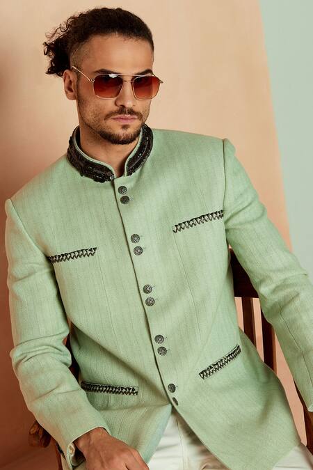 Buy_Seven_Green Matka Silk Thread And Sequin Bandhgala & Pant Set_Online_at_Aza_Fashions