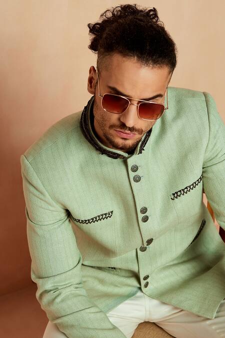 Shop_Seven_Green Matka Silk Thread And Sequin Bandhgala & Pant Set_Online_at_Aza_Fashions