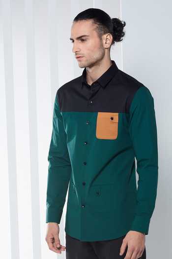 Seven_Green Cotton Satin Shirt_Online_at_Aza_Fashions