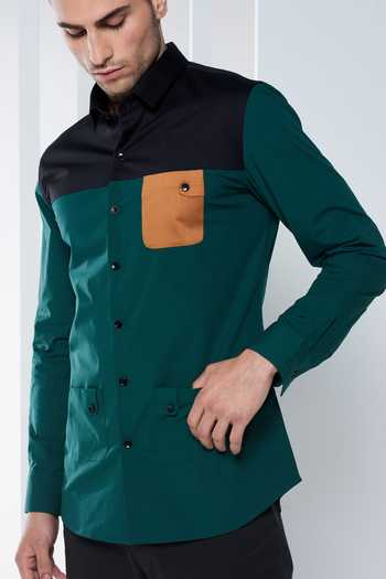 Seven_Green Cotton Satin Shirt_at_Aza_Fashions