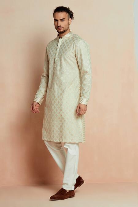 Buy_Seven_White Silk Booti Kurta_Online_at_Aza_Fashions