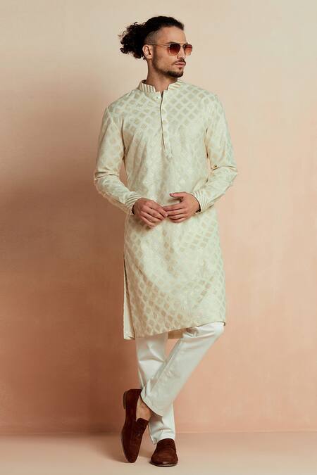 Shop_Seven_White Silk Booti Kurta_Online_at_Aza_Fashions