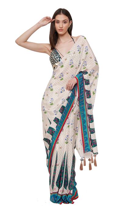 Limerick By Abirr N' Nanki Off White Crepe Floral, Moroccan Sevilla Print Saree Online at Aza Fashions Limerick By Abirr N' Nanki_Off White Crepe Floral, Moroccan Sevilla Print Saree_Online_at_Aza_Fashions