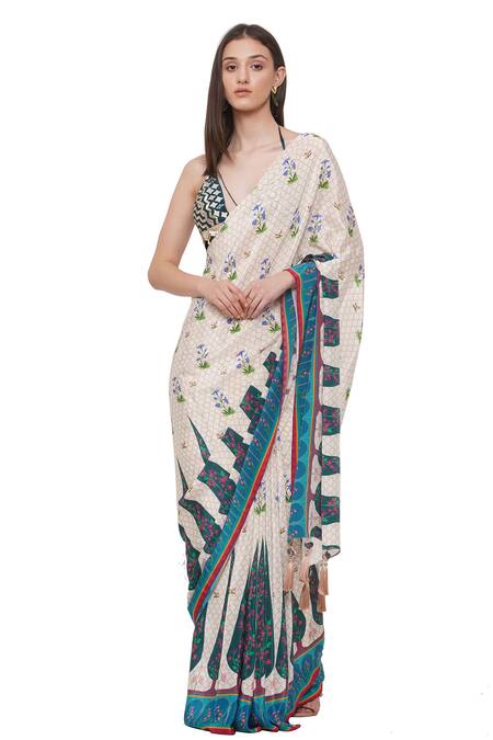 Shop Limerick By Abirr N' Nanki Off White Crepe Floral, Moroccan Sevilla Print Saree Online at Aza Fashions Shop_Limerick By Abirr N' Nanki_Off White Crepe Floral, Moroccan Sevilla Print Saree_Online_at_Aza_Fashions