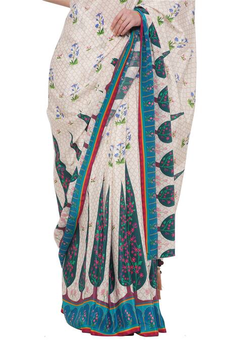 Limerick By Abirr N' Nanki Off White Crepe Floral, Moroccan Sevilla Print Saree at Aza Fashions Limerick By Abirr N' Nanki_Off White Crepe Floral, Moroccan Sevilla Print Saree_at_Aza_Fashions