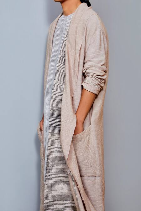 Urvashi Kaur_White Crinkled , Organic Front-open Jacket And Pant Set _Online_at_Aza_Fashions