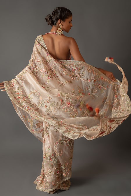 Shop Aangan By Parul Peach Organza Jaal Work Halter Neck Embroidered Saree And Blouse Set at Aza Fashions Shop_Aangan By Parul_Peach Organza Jaal Work Halter Neck Embroidered Saree And Blouse Set _at_Aza_Fashions