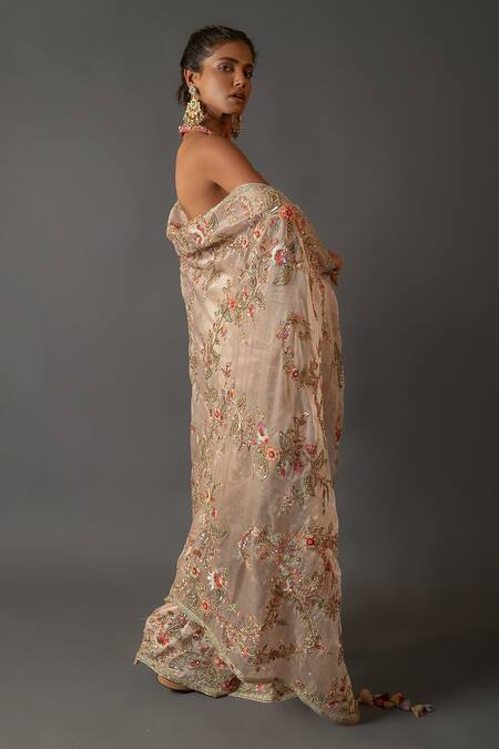 Aangan By Parul Peach Organza Jaal Work Halter Neck Embroidered Saree And Blouse Set Online at Aza Fashions Aangan By Parul_Peach Organza Jaal Work Halter Neck Embroidered Saree And Blouse Set _Online_at_Aza_Fashions