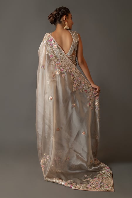 Shop Aangan By Parul Grey Organza Floral And Paisley Round Embroidered Saree & Blouse Set at Aza Fashions Shop_Aangan By Parul_Grey Organza Floral And Paisley Round Embroidered Saree & Blouse Set _at_Aza_Fashions