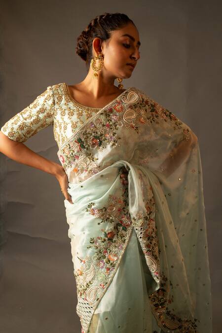 Aangan By Parul_Blue Organza Floral And Mirror Work U Neck Embroidered Saree & Blouse Set _Online_at_Aza_Fashions