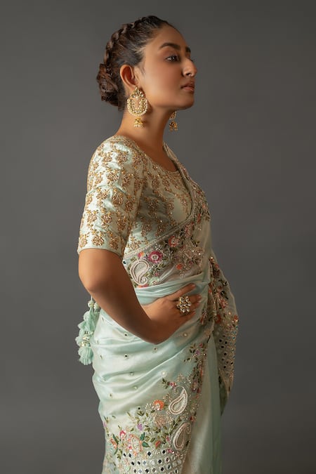 Buy_Aangan By Parul_Blue Organza Floral And Mirror Work U Neck Embroidered Saree & Blouse Set _Online_at_Aza_Fashions