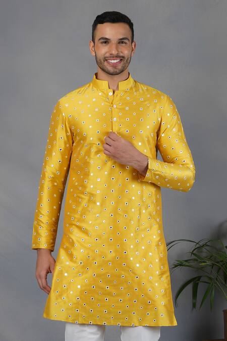 Eleven Brothers_Yellow Silk Mirror Embroidered Kurta Set _Online_at_Aza_Fashions