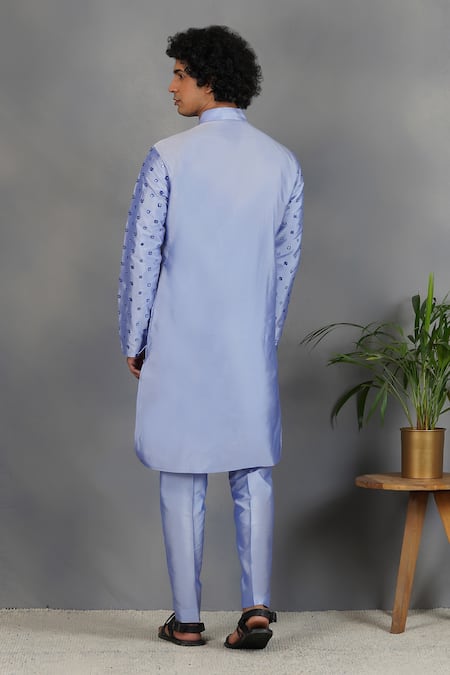 Shop_Eleven Brothers_Blue Silk Mirror Embroidered Kurta Set _at_Aza_Fashions