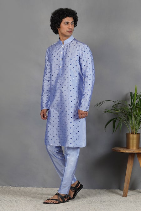Eleven Brothers_Blue Silk Mirror Embroidered Kurta Set _Online_at_Aza_Fashions