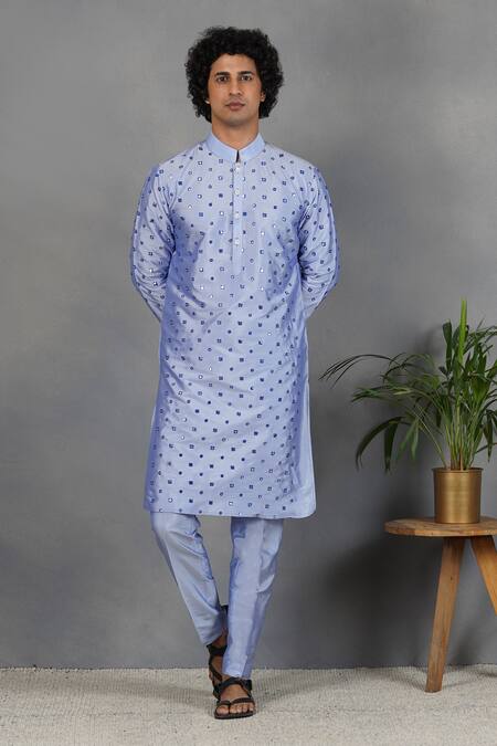 Buy_Eleven Brothers_Blue Silk Mirror Embroidered Kurta Set _Online_at_Aza_Fashions