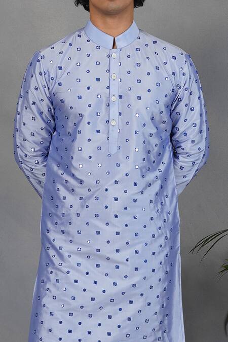 Shop_Eleven Brothers_Blue Silk Mirror Embroidered Kurta Set _Online_at_Aza_Fashions