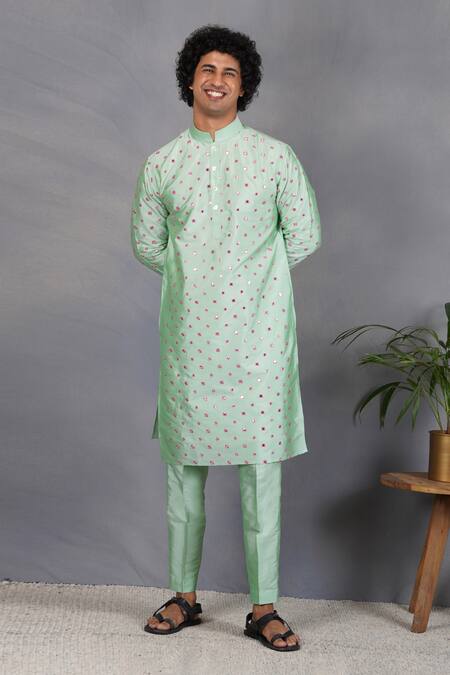 Eleven Brothers_Green Silk Mirror Sabz Embroidered Kurta Set _Online_at_Aza_Fashions