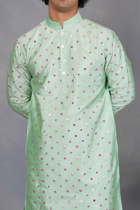 Buy_Eleven Brothers_Green Silk Mirror Sabz Embroidered Kurta Set _Online_at_Aza_Fashions