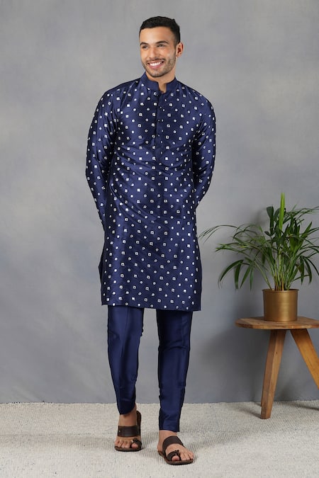 Shop Eleven Brothers Blue Silk Mirror Embroidered Kurta Set at Aza Fashions Shop_Eleven Brothers_Blue Silk Mirror Embroidered Kurta Set _at_Aza_Fashions