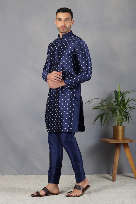 Eleven Brothers Blue Silk Mirror Embroidered Kurta Set Online at Aza Fashions Eleven Brothers_Blue Silk Mirror Embroidered Kurta Set _Online_at_Aza_Fashions