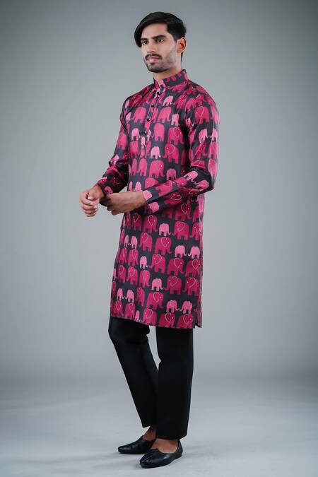 Buy_Eleven Brothers_Black Kurta Tussar  Pant Cotton Printed And Set _Online_at_Aza_Fashions