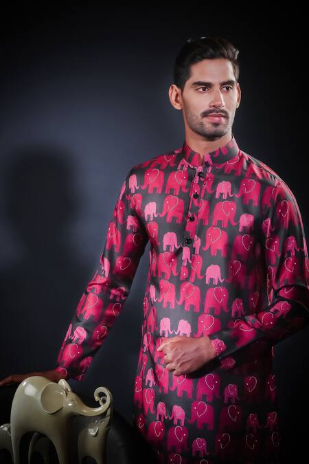 Shop_Eleven Brothers_Black Kurta Tussar  Pant Cotton Printed And Set _Online_at_Aza_Fashions