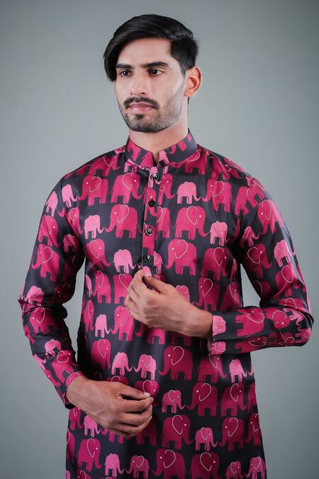 Eleven Brothers_Black Kurta Tussar  Pant Cotton Printed And Set _at_Aza_Fashions