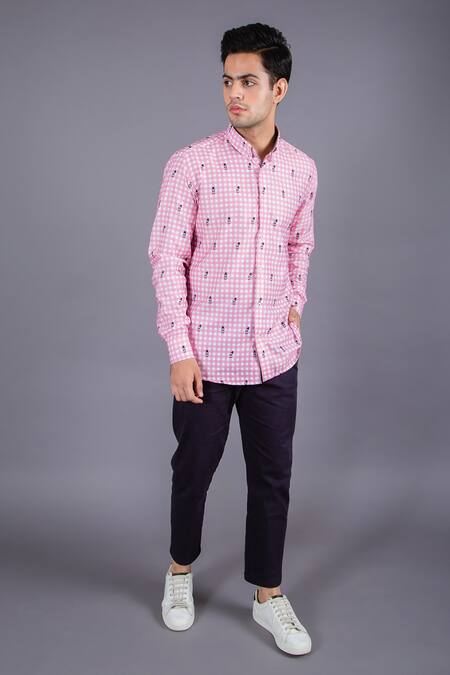 Eleven Brothers Pink Cotton Twill Checkered Shirt Online at Aza Fashions Eleven Brothers_Pink Cotton Twill Checkered Shirt _Online_at_Aza_Fashions