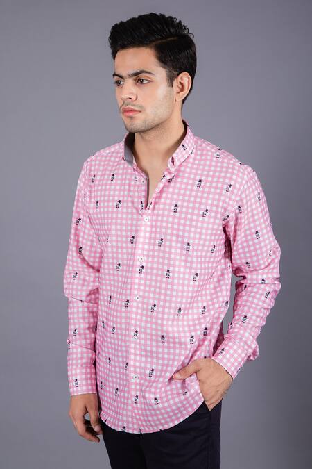 Shop Eleven Brothers Pink Cotton Twill Checkered Shirt Online at Aza Fashions Shop_Eleven Brothers_Pink Cotton Twill Checkered Shirt _Online_at_Aza_Fashions