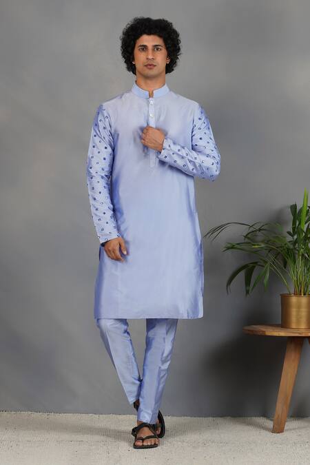 Buy_Eleven Brothers_Blue Silk Abstract, Mirror Sukoon Embroidered Bundi And Kurta Set _Online_at_Aza_Fashions