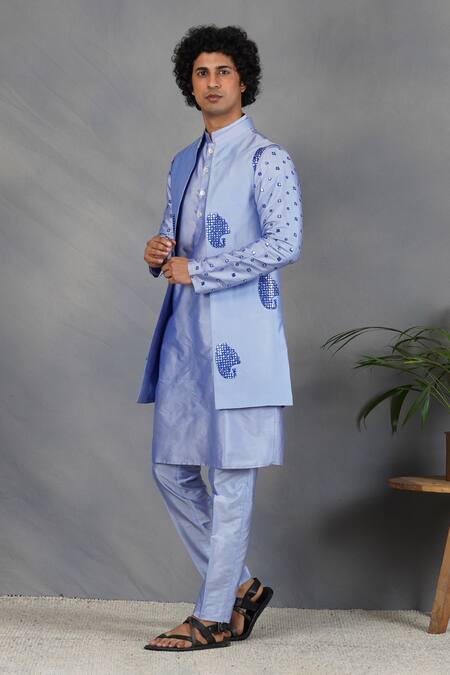 Shop_Eleven Brothers_Blue Silk Abstract, Mirror Sukoon Embroidered Bundi And Kurta Set _Online_at_Aza_Fashions