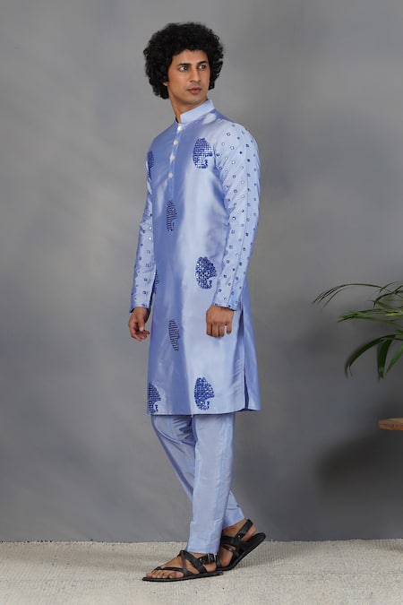 Eleven Brothers_Blue Silk Abstract, Mirror Sukoon Embroidered Kurta Set _Online_at_Aza_Fashions