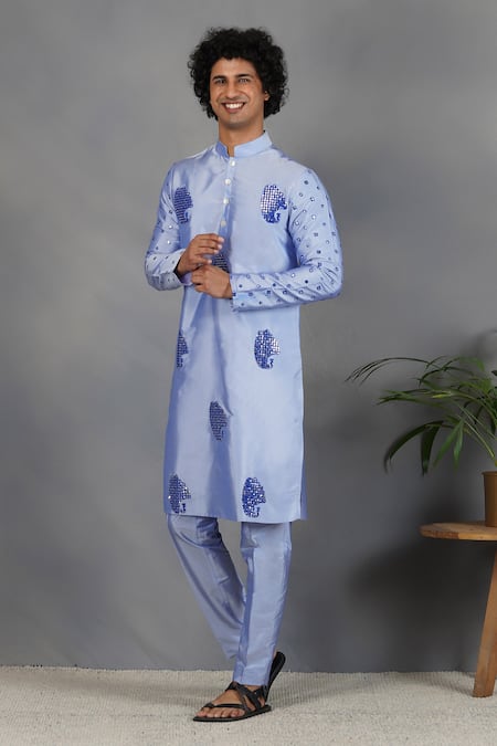 Buy_Eleven Brothers_Blue Silk Abstract, Mirror Sukoon Embroidered Kurta Set _Online_at_Aza_Fashions