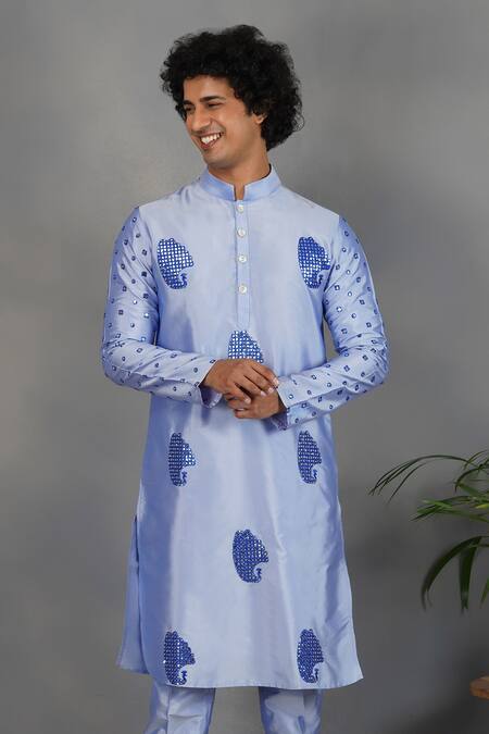 Shop_Eleven Brothers_Blue Silk Abstract, Mirror Sukoon Embroidered Kurta Set _Online_at_Aza_Fashions