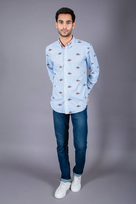Eleven Brothers Blue Cotton Twill Checkered Shirt Online at Aza Fashions Eleven Brothers_Blue Cotton Twill Checkered Shirt _Online_at_Aza_Fashions