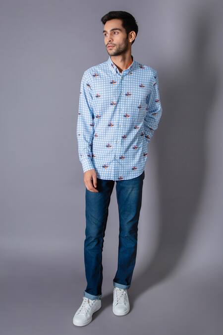 Buy Eleven Brothers Blue Cotton Twill Checkered Shirt Online at Aza Fashions Buy_Eleven Brothers_Blue Cotton Twill Checkered Shirt _Online_at_Aza_Fashions