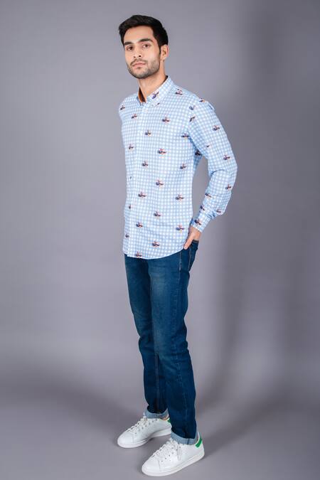 Shop Eleven Brothers Blue Cotton Twill Checkered Shirt Online at Aza Fashions Shop_Eleven Brothers_Blue Cotton Twill Checkered Shirt _Online_at_Aza_Fashions