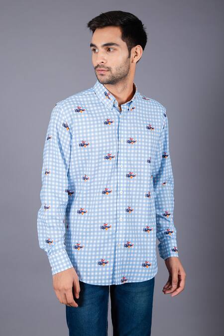 Eleven Brothers Blue Cotton Twill Checkered Shirt at Aza Fashions Eleven Brothers_Blue Cotton Twill Checkered Shirt _at_Aza_Fashions
