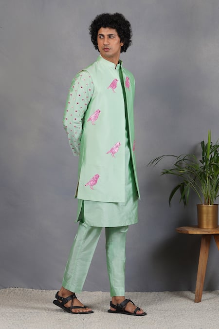 Eleven Brothers_Green Silk Bird, Mirror Tabir Embroidered Bundi And Kurta Set _Online_at_Aza_Fashions