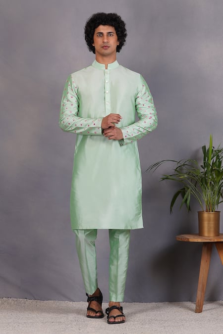 Buy_Eleven Brothers_Green Silk Bird, Mirror Tabir Embroidered Bundi And Kurta Set _Online_at_Aza_Fashions