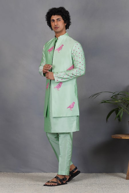 Shop_Eleven Brothers_Green Silk Bird, Mirror Tabir Embroidered Bundi And Kurta Set _Online_at_Aza_Fashions