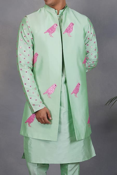 Eleven Brothers_Green Silk Bird, Mirror Tabir Embroidered Bundi And Kurta Set _at_Aza_Fashions