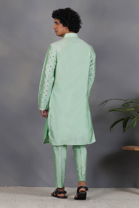 Shop Eleven Brothers Green Silk Bird, Mirror Tabir Embroidered Kurta Set at Aza Fashions Shop_Eleven Brothers_Green Silk Bird, Mirror Tabir Embroidered Kurta Set _at_Aza_Fashions