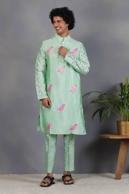 Buy Eleven Brothers Green Silk Bird, Mirror Tabir Embroidered Kurta Set Online at Aza Fashions Buy_Eleven Brothers_Green Silk Bird, Mirror Tabir Embroidered Kurta Set _Online_at_Aza_Fashions
