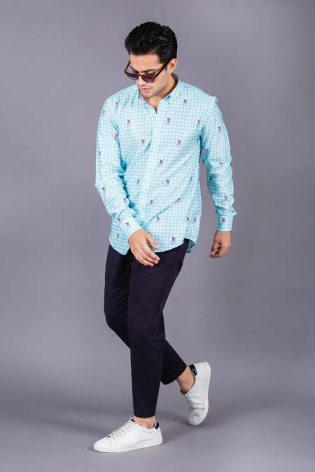 Eleven Brothers Blue Cotton Twill Checkered Shirt Online at Aza Fashions Eleven Brothers_Blue Cotton Twill Checkered Shirt _Online_at_Aza_Fashions