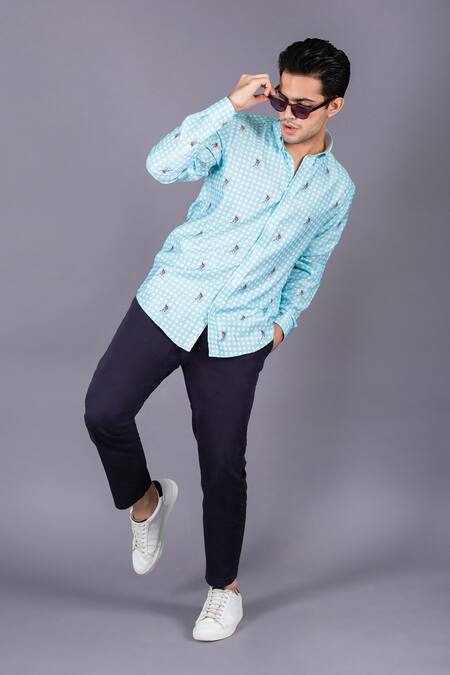 Buy Eleven Brothers Blue Cotton Twill Checkered Shirt Online at Aza Fashions Buy_Eleven Brothers_Blue Cotton Twill Checkered Shirt _Online_at_Aza_Fashions
