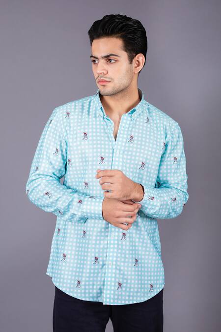 Shop Eleven Brothers Blue Cotton Twill Checkered Shirt Online at Aza Fashions Shop_Eleven Brothers_Blue Cotton Twill Checkered Shirt _Online_at_Aza_Fashions