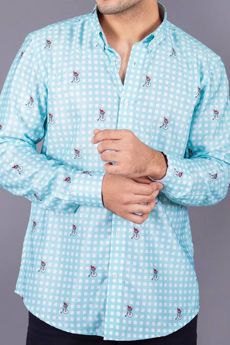 Eleven Brothers Blue Cotton Twill Checkered Shirt at Aza Fashions Eleven Brothers_Blue Cotton Twill Checkered Shirt _at_Aza_Fashions
