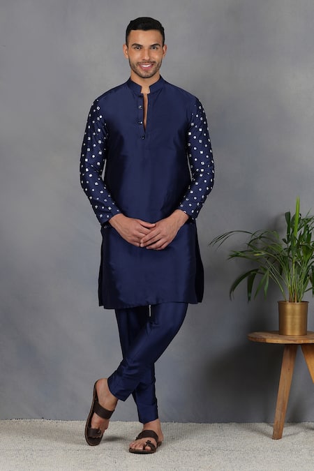 Buy_Eleven Brothers_Blue Silk Mirror, Elephant Ruh Embroidered Bundi And Kurta Set _Online_at_Aza_Fashions