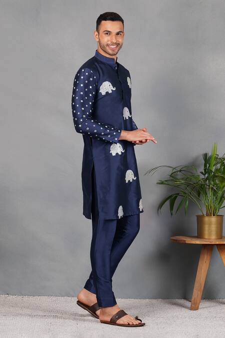 Eleven Brothers_Blue Silk Mirror, Elephant Ruh Embroidered Kurta Set _Online_at_Aza_Fashions